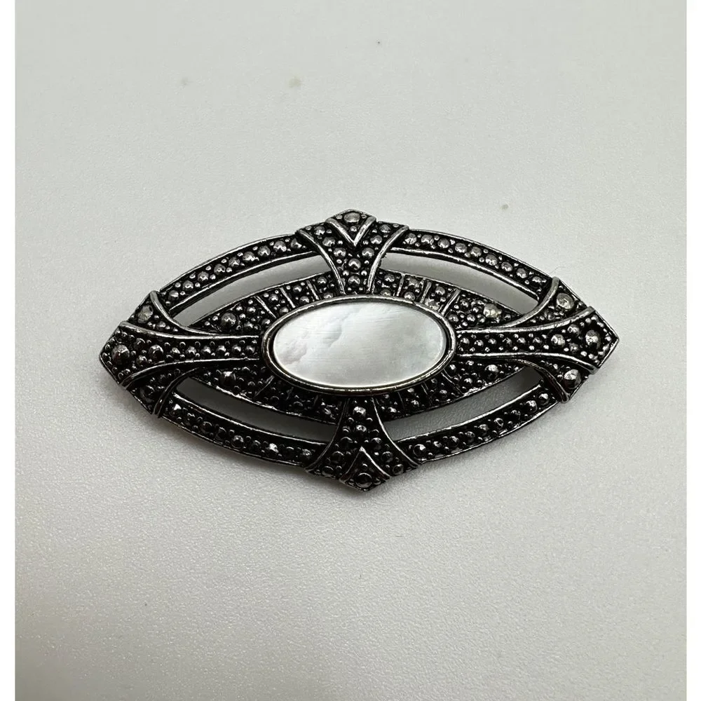 Avon Victorian Elegance Brooch Pin, 1987, Mother of Pearl Faux Marcasite Revival